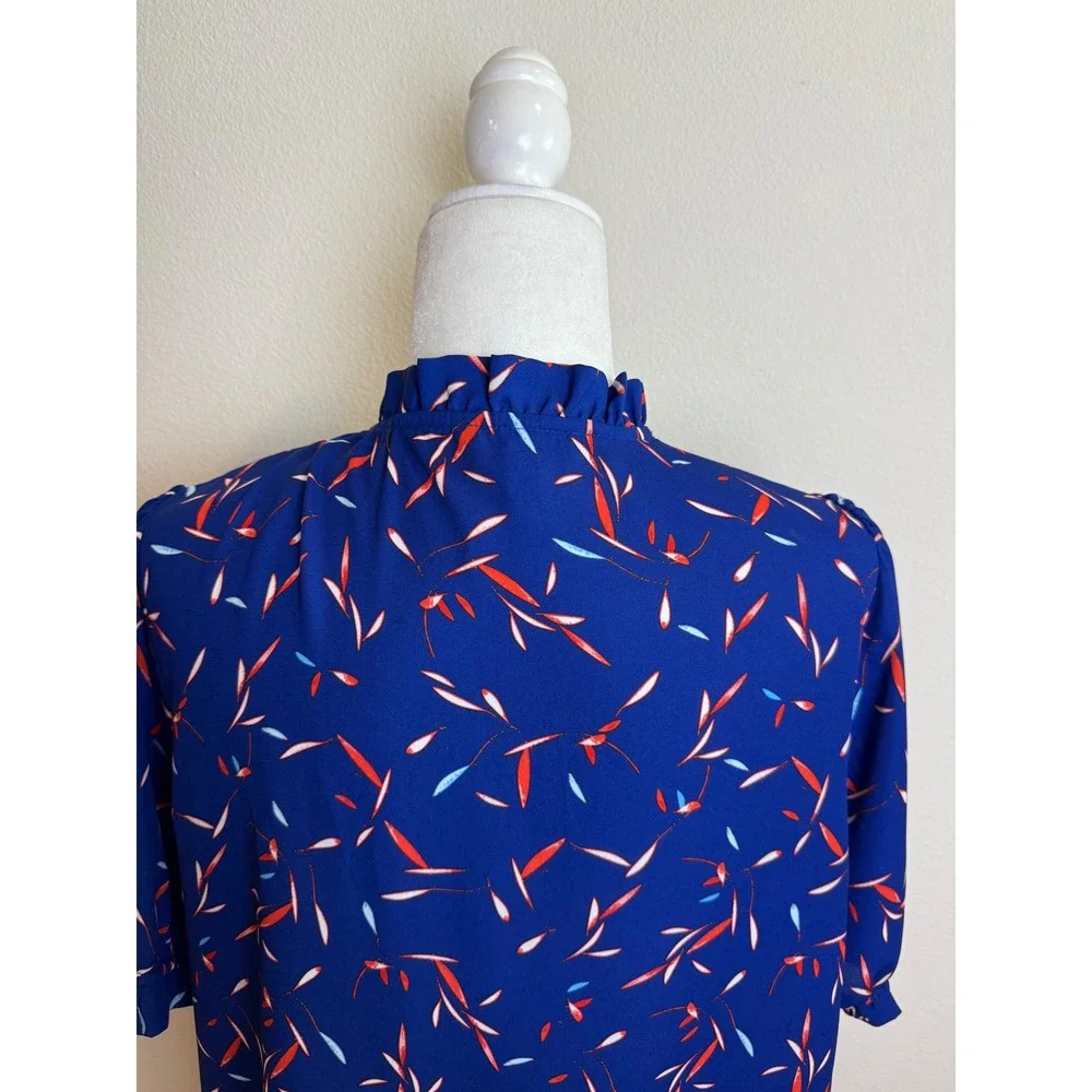 Banana Republic Blue Ruffle High Neck Puff Sleeve Abstract Leaf Print Blouse Top